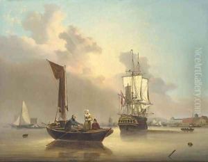 A frigate at anchor amidst local craft, including a doble, on the Medway by George Webster