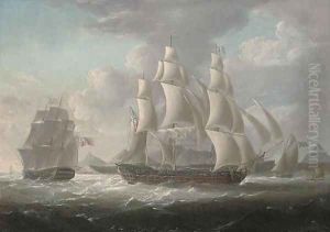 Royal Naval frigates and an armed cutter off a West Indian island, believed to be Martinique, with a native raft offshore