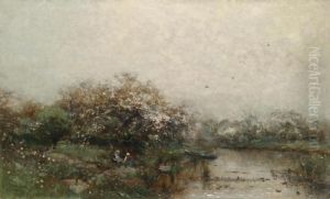 Two Women In A Blossoming Landscape With Pond