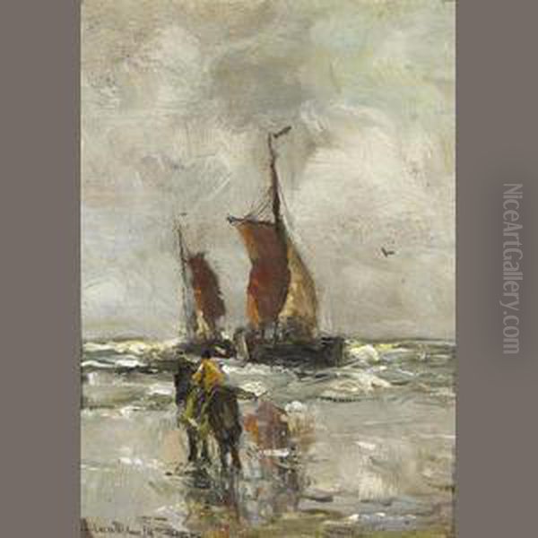 A Horse And Rider On A Beach With Two Boats Offshore - view 1