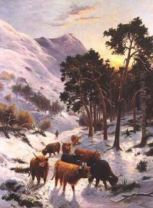 Highland Cattle in a Winter Landscape by Charles Watson