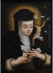 St. Catherine Of Siena With Lilies And A Miniature Crucifix by Bartolome Esteban Murillo