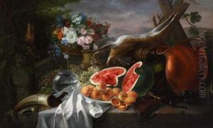 Bodegon Con Frutas,flores Y Caza