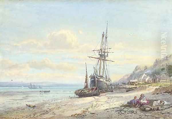 A moored tallship in a river estuary, Britain, children playing in the foreground - view 1