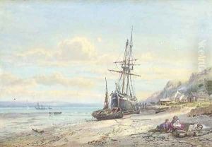 A moored tallship in a river estuary, Britain, children playing in the foreground by George Wolfe