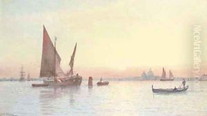 Venetian craft on the lagoon before Santa Maria della Salute by George Stanfield Walters