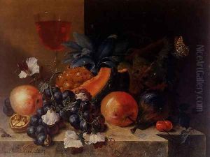 Still Life Of Fruit And Nuts With A Wine Glass All Resting On A Ledge by Johann Amandus Wink