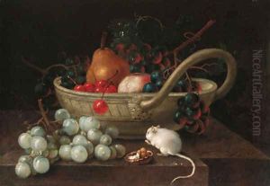 Grapes, pears and other fruit in a bowl, with a mouse eating a hazlenut on a ledge and by Johann Amandus Wink