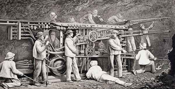 The Advanced Gallery on the French Side of the Mont Cenis Tunnel, with the 'Perforatrices' at Work, from 'The Ascent of the Matterhorn by Edward Whymper, published 1860s-80s - view 1