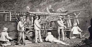 The Advanced Gallery on the French Side of the Mont Cenis Tunnel, with the 'Perforatrices' at Work, from 'The Ascent of the Matterhorn by Edward Whymper, published 1860s-80s The Advanced Gallery on the French Side of the Mont Cenis Tunnel, with the 'Perforatrices' at Work, from 'The Ascent of the Matterhorn by Edward Whymper, published 1860s-80s