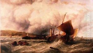 Fishing Luggers off Boulogne Harbour by John James Wilson