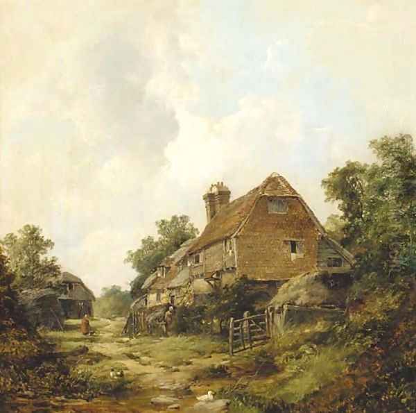 Figures before a cottage with a barn beyond - view 1