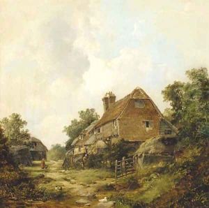Figures before a cottage with a barn beyond by John James Wilson