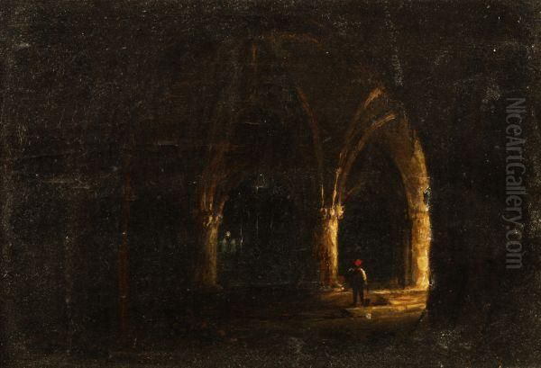 A Figure By A Fire In A Gothic Cathedral Interior - view 1
