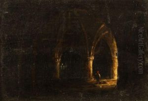 A Figure By A Fire In A Gothic Cathedral Interior
