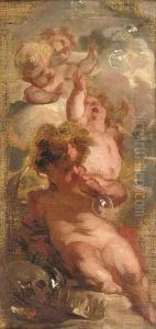 An Allegory of Vanitas Four putti blowing bubbles, a skull by Jacob de Wit