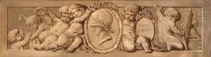 Putti Supporting A Wreathed Medallion Of Minerva, En Grisaille