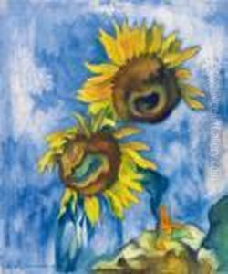 Zwei Sonnenblumen Vor Blauem Grund
