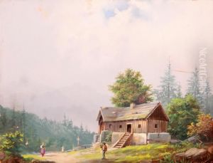 Alpine Landscape With A Log House And Staffage