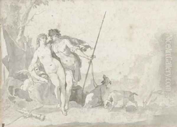 Venus and Adonis with Cupid in an extensive landscape - view 1