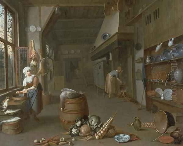 Kitchen interior with two maids preparing food - view 1