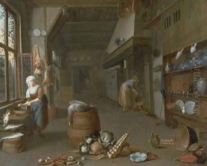 Kitchen interior with two maids preparing food by Gillis de Winter