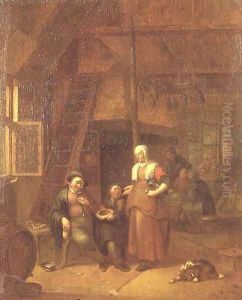 The interior of an inn with a man paying a serving woman by Gillis de Winter
