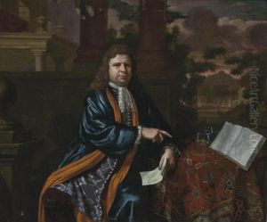 Portrait Of A Gentleman, Seated,
 Three-quarter-length, In An Embroidered Waistcoat And A Blue Coat, By A
 Draped Table, A Plan In His Left Hand, In A Classical Courtyard, A 
Landscape Beyond