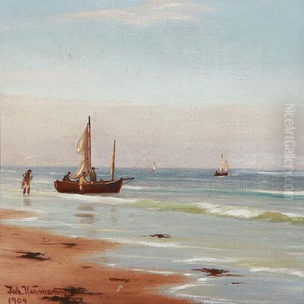 Beach Scene With Fishermen On Their Way Out To Sea - view 1