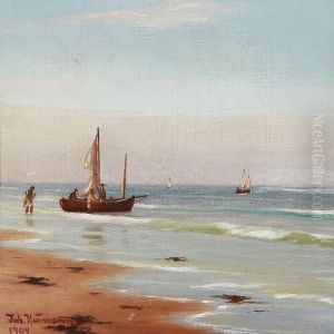 Beach Scene With Fishermen On Their Way Out To Sea by Johann Neumann