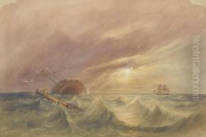 A Three-master Passing An Old Wreck At Sunset
