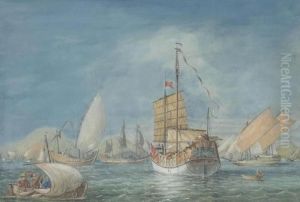 A Junk And Other Trading Vessels In Chinese Waters by Andrew Nicholl