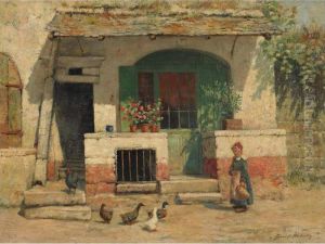 Young Girl With Ducks Outside A Cottage by Burr H. Nicholls