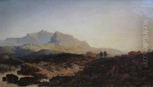 Cader Idris, Moorland Scene With Sportsmen On A Sunlit Path - view 1