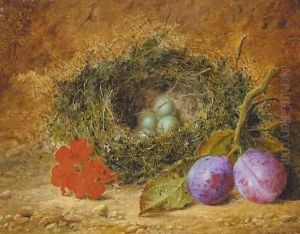 Geraniums, plums, and a bird's nest with eggs, on a mossy bank by William Ward