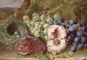 Grapes, a fig, peach and bird's nest on a mossy bank by William Ward