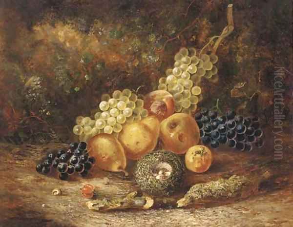 Grapes, pears, apples, a peach and a bird's nest with eggs, on a mossy bank - view 1