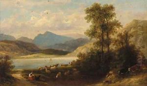 A drover with cattle and a shepherdess in a mountainous lake landscape by Thomas Whittle