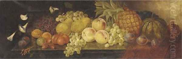 Peaches, a pineapple, grapes, tomatoes, plums, a melon, and flowers on a draped ledge - view 1