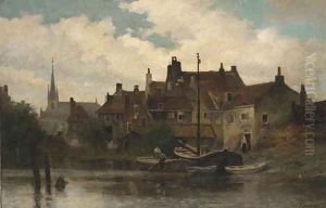 Figures fishing off a boat, with a town beyond by Johannes Weiland