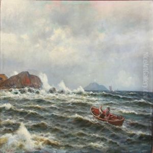 Breakers With Two Fishermen On Their Way Out In A Boat by Olaf Nordlien