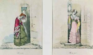 A woman entering and leaving an abortion clinic, engraved by Godefroy Engelmann (1788-1839)