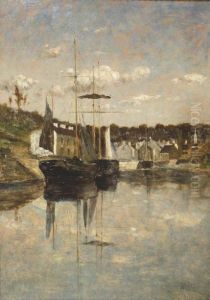 Boats And Wooded Harbour Scene, Pont-aven by Aloysius C. O'Kelly