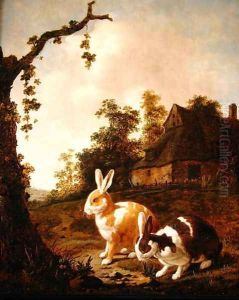 Wooded landscape with two hares