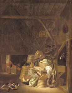 A barn interior with a basket of vegetables, a dead hare, cabbages, pots and pans and a jug on a table, with a horse tethered in a byre