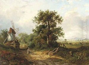 A figure on a country track by a windmill by J. Westall