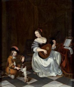 La Luthiste Et Le Jeune Garcon Jouant Avec Un Chien by Jacob Ochtervelt