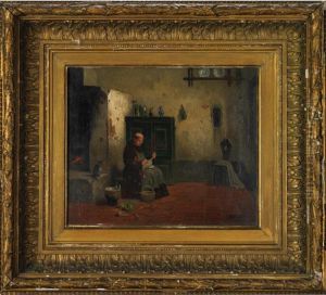 Monk Plucking A Chicken While His Cat Waits