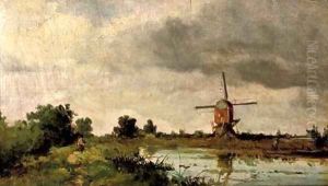 A windmill in a Dutch landscape by Johan Hendrik Weissenbruch