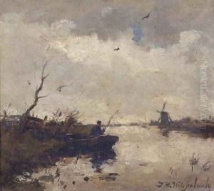 A fisherman in a polder landscape